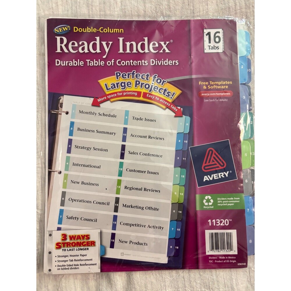 Avery Ready Index 16 Tab Double Column Durable Table of Contents Dividers 11320